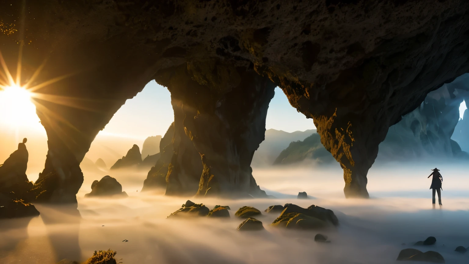 A person standing in a cave with the sun shining through the fog ...