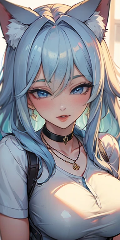 Masterpiece, beautiful art, 8k, art style by sciamano240, very detailed face, detailed hair, detailed clothes, detailed fabric, 1girl, beautiful face, long hair, light blue hair , model head shot, facing camera, very detailed blue cat eyes, sultry smile, close up view, zoom in, wearing cute a white office shirt, necklace, chocker, rosey cheeks, office setting,