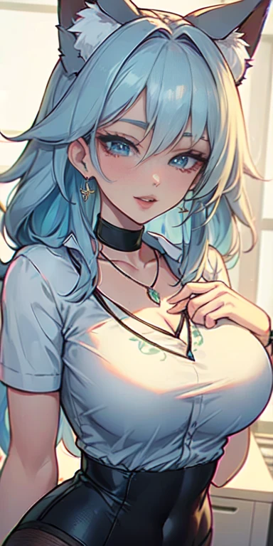 Masterpiece, beautiful art, 8k, art style by sciamano240, very detailed face, detailed hair, detailed clothes, detailed fabric, 1girl, beautiful face, long hair, light blue hair , model head shot, facing camera, very detailed blue cat eyes, sultry smile, close up view, zoom in, wearing cute a white office shirt, necklace, chocker, rosey cheeks, office setting,