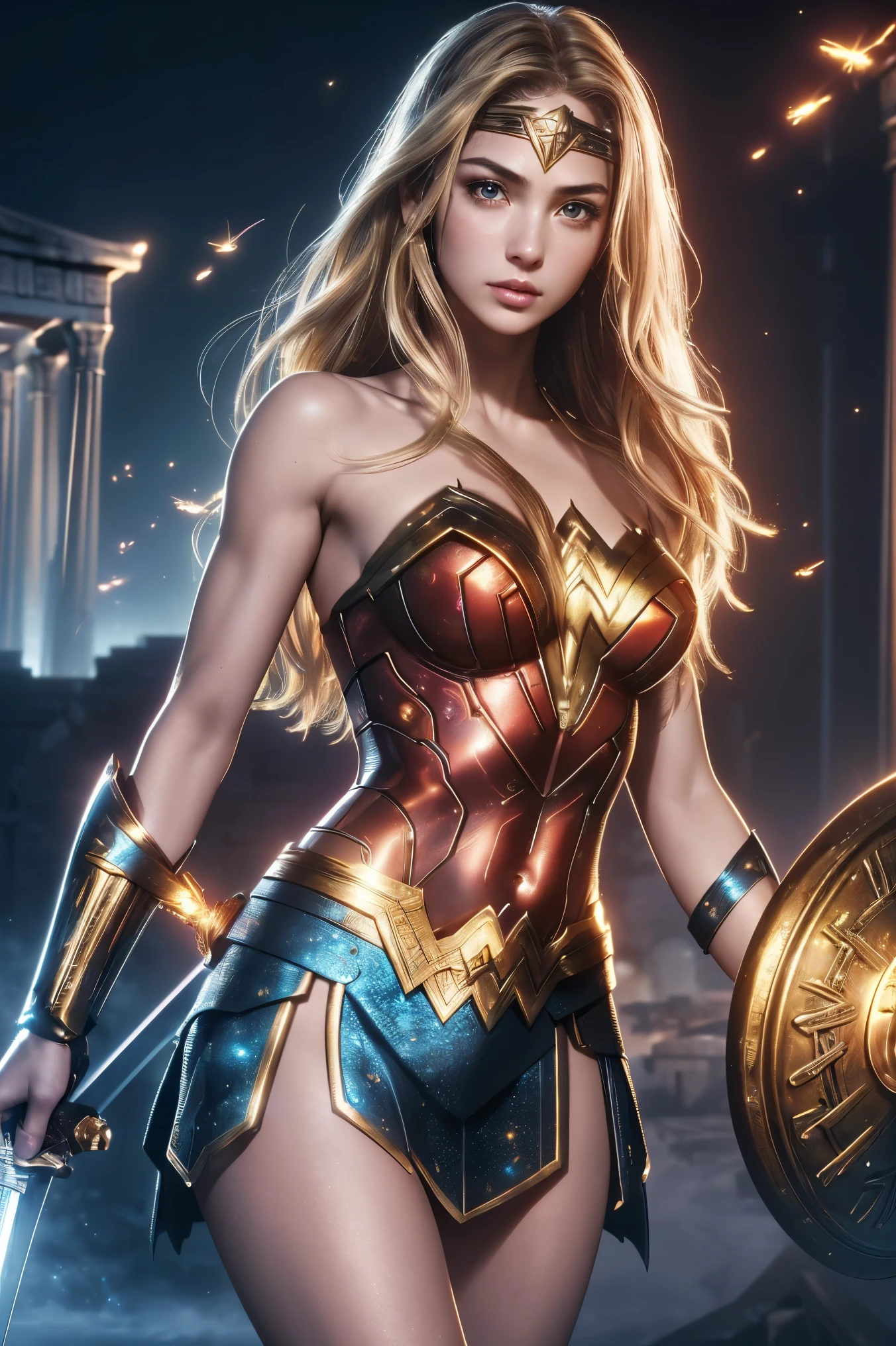 (Neon lights),circuit boards, 1girl, solo, looking at viewer, (young cute beautiful 18-year-old girl:1.4), 3d face, beautiful girl, Beautiful face, pretty, girl face, , supermodel, stunning innocent symmetry face, perfect body, medium breast, slim waist, slim legs, (high detailed skin:1.4), glowing eyes, goddess, natural skin texture, shiny skin, White skin, Beautiful detailed face, detailed face, real skin texture, cute delicate face, finely detailed face, golden ratio, golden ratio face, expressive eyes, perfect face, perfect skin, flawless face, clear face, shiny hair, pale skin, Proper body proportion, perfect anatomy, realistic skin texture, luscious lips, glossy lips, natural makeup, beautiful bright pupils, slender figure, intricate eyes, detailed pupils, detailed face and eyes, long eye lashes, blush, good hand, perfect hands, pretty face, beautiful female bodies, finely detailed skin, oily shiny skin, BREAK, (((((Amazones, (ww, wonder woman, blond hair, brown eyes:1.4), (holding weapon, hold a shield, sword, Wielding a golden lasso, dual wielding, fighting stance, battle, adventurous look:1.4), (messy hair, iridescent colors, blush, mysterious, fantasy background, fantasy, scenery, plants, open mouth:1.2), (highly detailed worn metal texture:1.2), (floating colorful sparkles, light is shining, dust is drifting, fog, wind:1.2), (rust, dirt, dust, scratches, abrasions on the metal texture:1.2), (fly:1.4), (Luminescent Particles:1.3), (greek temple background, ember, battlefield,