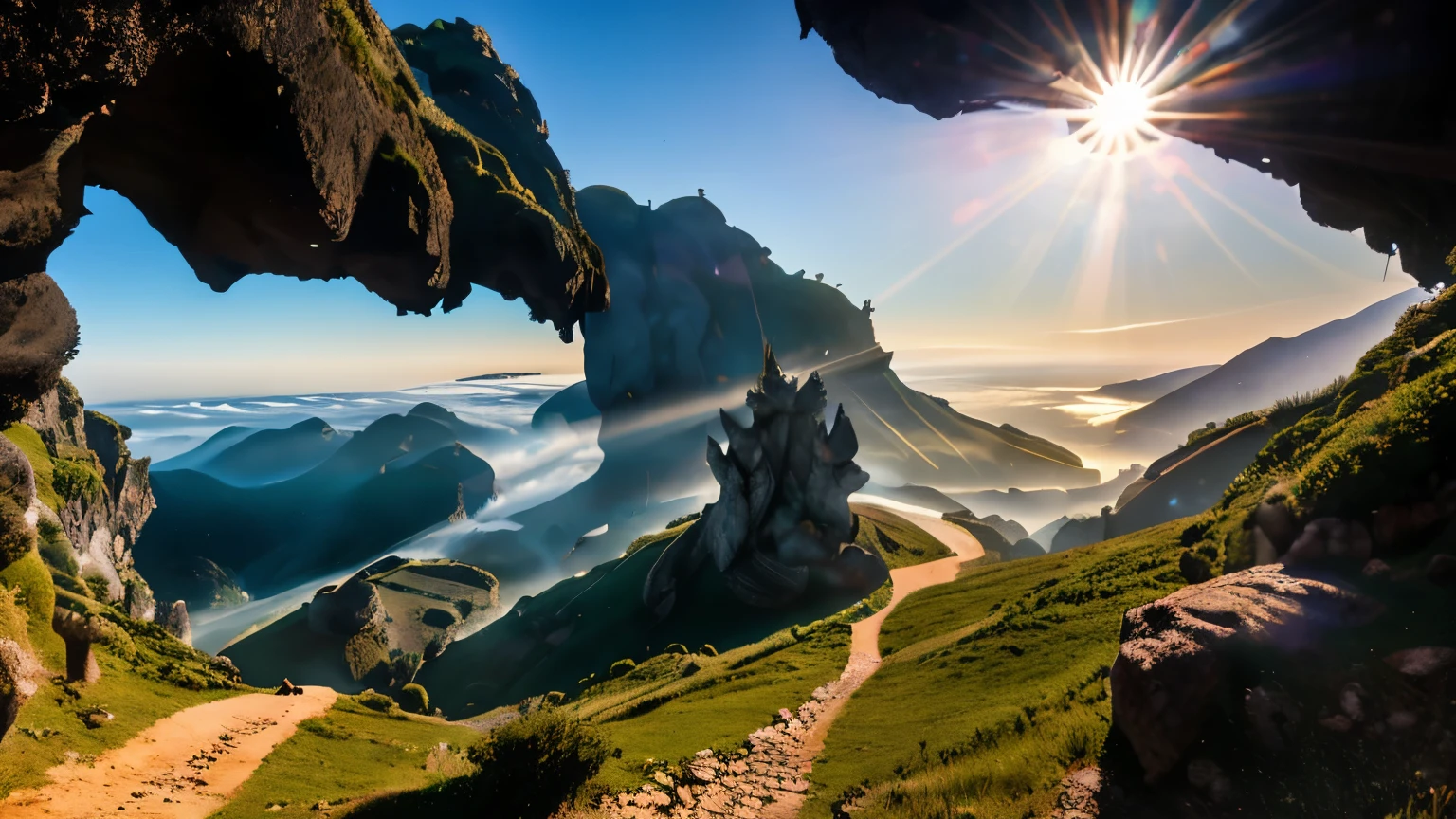 Full body of a wizard standing and facing away, vestindo um manto e um capuz, he is at the entrance of a cave, do alto da montanha. Ao fundo, o sol nascente. Abaixo de um mar de morros. Mist on the hills. Landscape. Cave cinematic lighting 