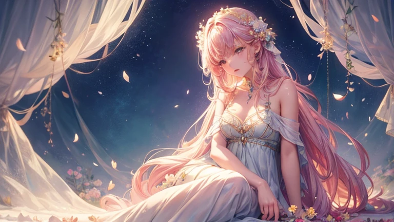 soft lighting, dreamy atmosphere, ethereal aesthetic, fantasy theme, nature elements, floral background, delicate details, flowing hair, whimsical pose, vibrant colors, flower petal falling, sitting