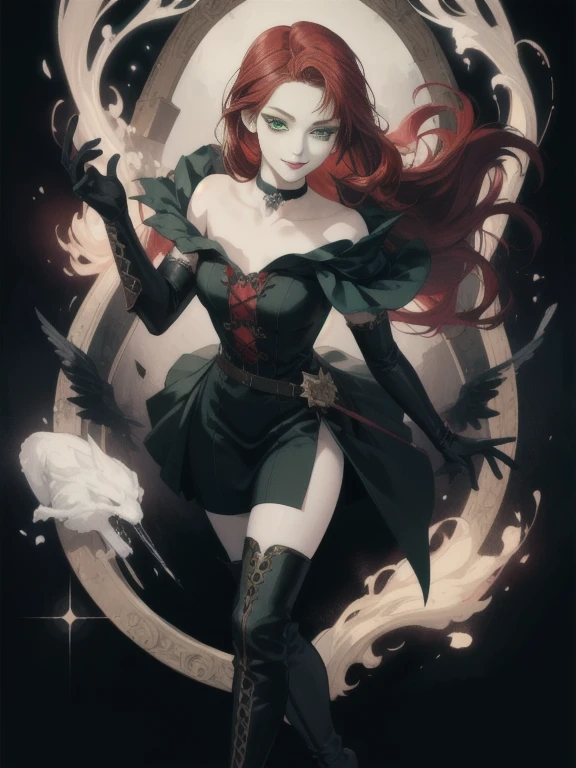 anime girl, red hair, bangs, sorceress, pale skin, dark makeup, mysterious smile, Very detailed, High resolution, masterpiece, Realistic, Beautiful details, depth, Fine texture , highest quality: 1.3, looking at the viewer, dark hair ornaments, heart, green eyes, choker, gloves, long boots, gothic dress