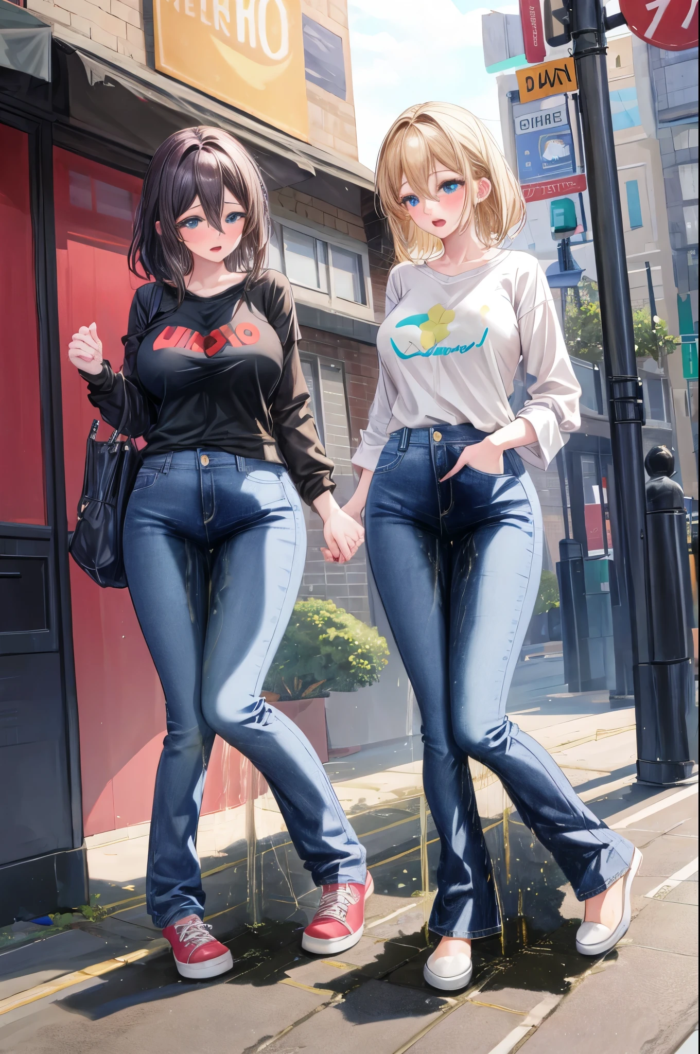 best quality, highres, 8k, masterpiece, immersive atmosphere, chiaroscuro:(1.5, bright light:1.2, luminous lighting), blurring, (background blur:1.5),
(dynamic angle, standing pose:1.2), outdoors, downtown, (legs focus, full body:1.5), delicate features, (beautiful face, beautiful eyes, beautiful legs), not safe for work, (opaque:1.5), high contrast, (peeing self:1.7), wetting herself, (pee stain:1.5), peeing herself, (urination:1.5),
2girls, (duo:1.4), 20 years old, european, white skin, bright lips, blush, scared, panicking, open mouth, looking at viewer, (slender figure:1.1), large breast, (hard nipples), cleavage, (jeans pants:1.2, flares jeans:1.2, blue jeans:1.2), shoes:1.2, (knees together feet apart:1.4)