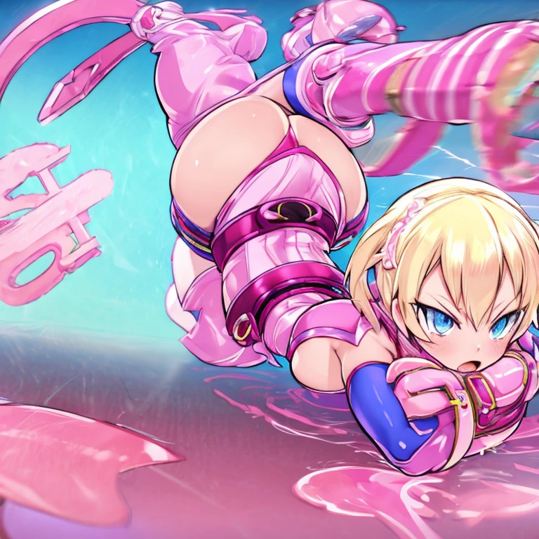 gwenpool, 1girl, weapon, blonde hair, multicolored hair, solo, blue eyes, sword, pouch, superhero, short hair, gradient hair, open mouth, belt, two-tone hair, pink hair, breasts, gloves, belt pouch