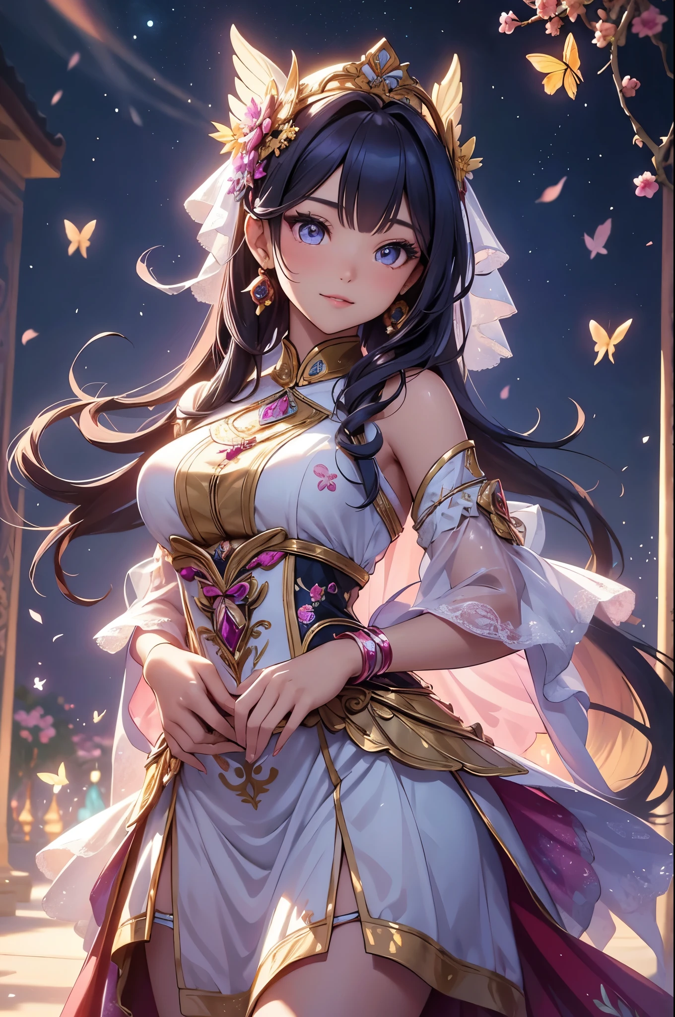(best quality,4k,8k,highres,masterpiece:1.2),ultra-detailed,(realistic,photorealistic,photo-realistic:1.37),acrylic painting,beautiful Indonesian model in a Lolita dress with downy hair,beautiful Indonesian model with extremely colorful hair and detailed facial features,beautiful Indonesian model standing in a beautiful garden surrounded by a starry sky,beautiful Indonesian model wearing a vibrant Lolita dress,beautiful Indonesian model with intricate accessories and a matching hat,beautiful Indonesian model posing gracefully with her hands on her hips,beautiful Indonesian model with long flowing twintails,beautiful Indonesian model with bright blue eyes and rosy lips,beautiful Indonesian model with a joyful expression,beautiful Indonesian model in a dynamic pose with cherry blossoms falling around her,beautiful Indonesian model surrounded by colorful flowers and butterflies,beautiful Indonesian model's dress adorned with cute bows and lace details,beautiful Indonesian model with an enchanting smile,beautiful Indonesian model with soft, pastel-colored shading,beautiful Indonesian model with a magical glow illuminating her,beautiful Indonesian model in a picturesque setting with a winding path leading to a magnificent castle,beautiful Indonesian model holding a microphone and singing passionately,beautiful Indonesian model with a fairytale-like background,beautiful Indonesian model with a soft, dreamy atmosphere,beautiful Indonesian model with a subtle bokeh effect,beautiful Indonesian model standing under a moonlit sky,beautiful Indonesian model with a warm, golden sunset in the background,beautiful Indonesian model surrounded by twinkling stars and colorful nebulae,creating an ethereal and captivating artistic masterpiece.