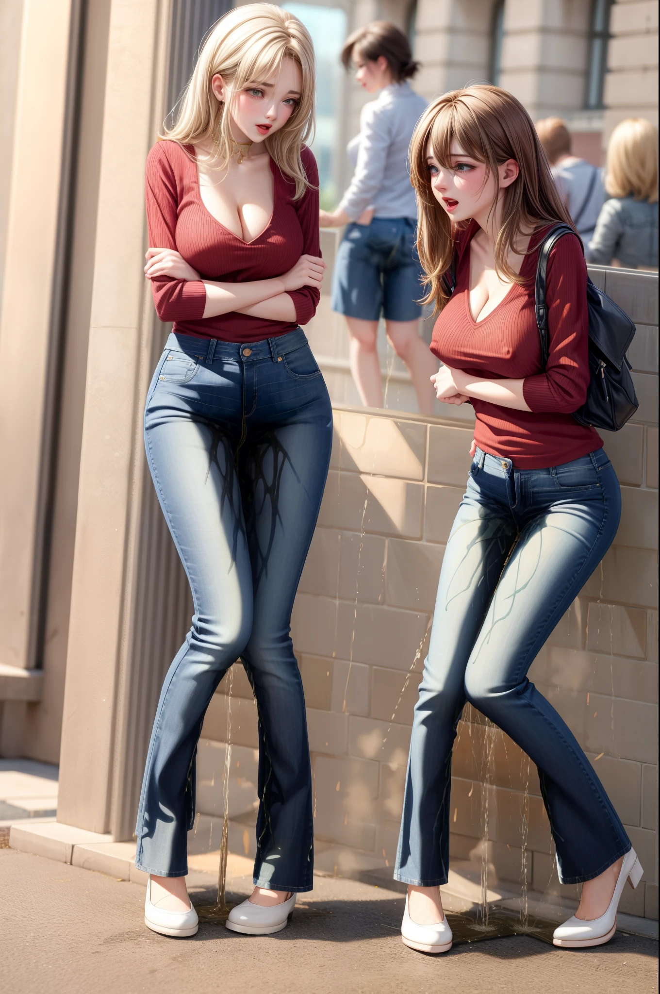 best quality, highres, 8k, masterpiece, immersive atmosphere, chiaroscuro:(1.5, bright light:1.2, luminous lighting), blurring, (background blur:1.5),
(dynamic angle, standing pose:1.2), outdoors, downtown, (legs focus, full body:1.5), delicate features, (beautiful face, beautiful eyes, beautiful legs), not safe for work, (opaque:1.5), high contrast, (peeing self:1.7), wetting herself, (pee stain:1.5), peeing herself, (urination:1.5),
2girls, (duo:1.4), 20 years old, european, white skin, bright lips, blush, scared, panicking, open mouth, looking at viewer, (slender figure:1.1), large breast, (hard nipples), cleavage, (jeans pants:1.2, skinny jeans:1.2, flares jeans:1.2, blue jeans:1.2), shoes:1.2, (knees together feet apart:1.4)