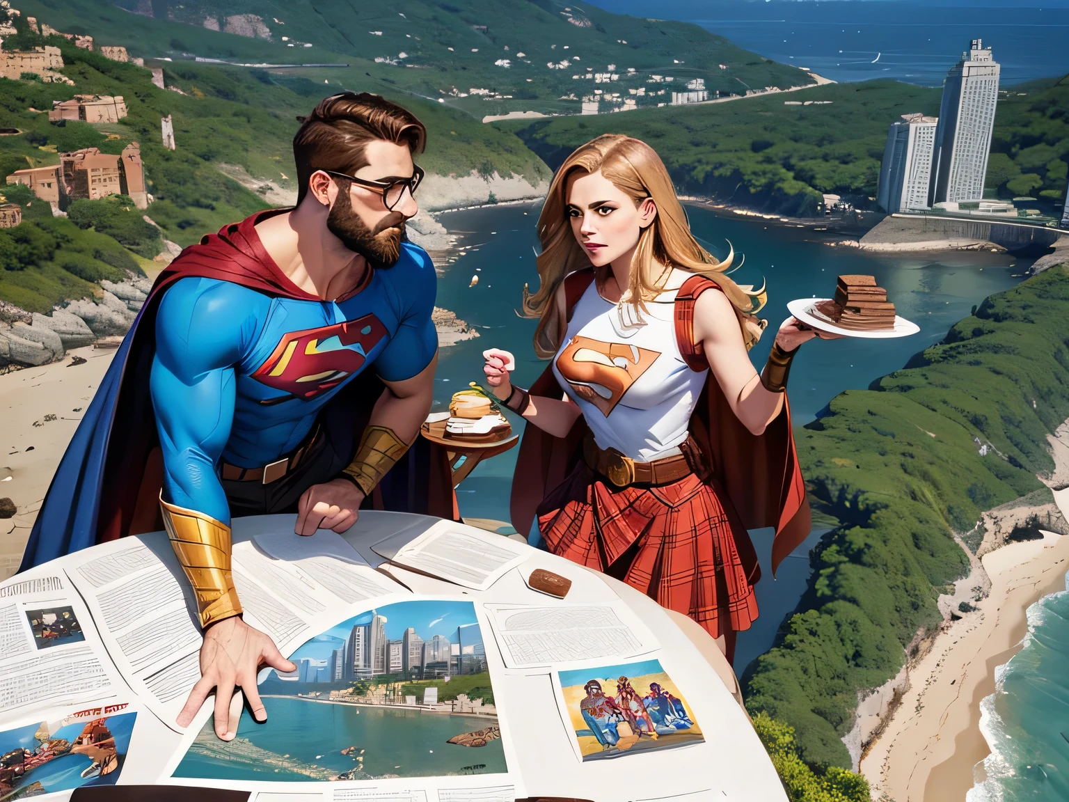 a couple, a man with a beard, brown hair and glasses, a young blonde woman with a tray of brownies, superhero clothes, superhero style, in a coastal landscape, with superheroes flying, skyscrapers