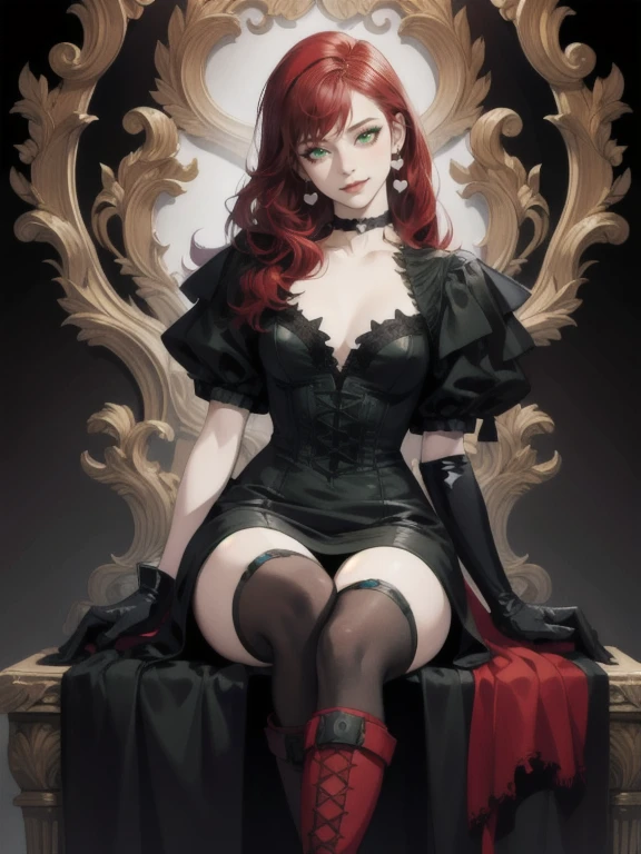 perfect face, anime girl, red hair, bangs, sorceress, pale skin, dark makeup, mysterious smile, Very detailed, High resolution, masterpiece, Realistic, Beautiful details, depth, Fine texture , highest quality: 1.3, looking at the viewer, dark hair ornaments, heart, green eyes, choker, gloves, long boots, gothic dress