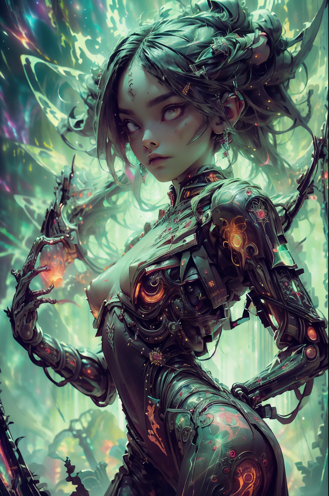 Topic prompt: (woman in a space suit, cosmic girl, event, cosmic entity, incriminate content details, endless cosmos in the background, historical event, real event, astral background, cosmic background, cosmic goddess, cyborg goddess in cosmos, celestial cosmos, game interface, violet battlefield theme, cosmic style, hyperdetailed content, background details ).("black, death scythe, hellish horror, view, torn clothes, looking down, illustrations, high resolution, ultra detail, dark fantasy, sharp focus, vibrant colors, dramatic lighting, bokeh." ". female robot pilot, mechanical creature, electronic wires transmit computer nerves, girl's face, dystopian surrealism, Alex Rice Zdzisaw Beksinski Giger, very intricate details, Chinese woman demon, deep glowing eyes contain galaxies, head contains nebula, deep aesthetics, concept art, carved silver circuits, diodes, resistors, semiconductors, ornate).
