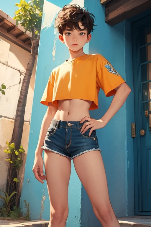 Teen boy 16 years old is wearing a cropped shirt and too very much short mini shorts, the boy's legs are beautiful and tanned, hot summer, top quality