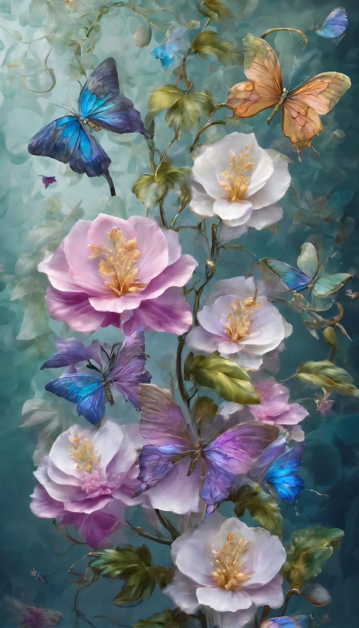The background is greenblue,All expressed with jewels, the arrival of spring, various beautiful wisteria flowers,Swallowtail butterfly,
, angles looking up from below, various jewels falling from the sky, wonderful and beautiful superb view, slightly hazy, fantastic, high resolution, 8K, (best quality, highres, realistic:1.37), shiny metallic flowers, intricate and delicate petals, reflective surfaces, vibrant colors, intricate details, close-up view, surreal garden, surreal beauty, dreamy atmosphere, fine art, abstract botanicals, metallic sculpture, contrasting textures, ethereal glow