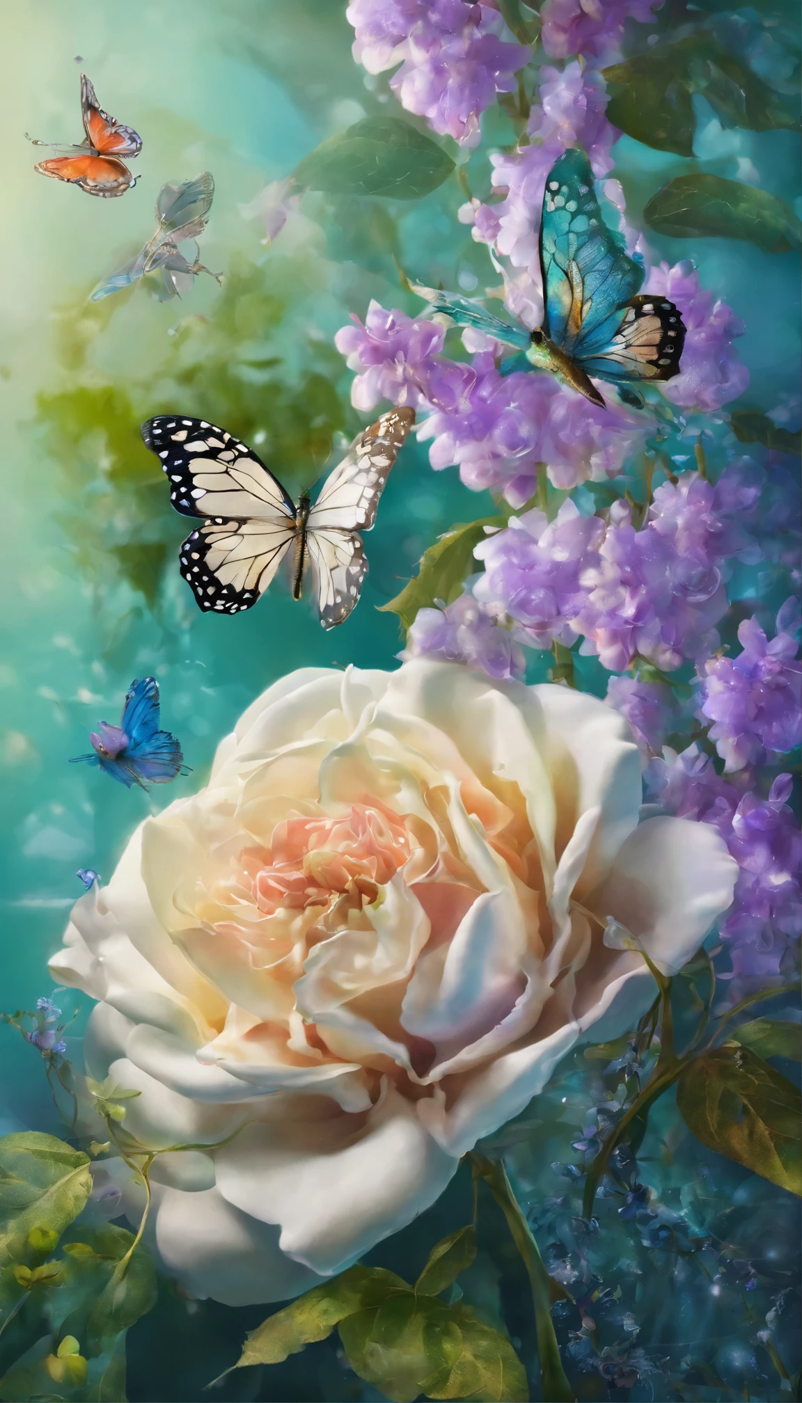 The background is greenblue,All expressed with jewels, the arrival of spring, various beautiful wisteria flowers,Swallowtail butterfly,
, angles looking up from below, various jewels falling from the sky, wonderful and beautiful superb view, slightly hazy, fantastic, high resolution, 8K, (best quality, highres, realistic:1.37), shiny metallic flowers, intricate and delicate petals, reflective surfaces, vibrant colors, intricate details, close-up view, surreal garden, surreal beauty, dreamy atmosphere, fine art, abstract botanicals, metallic sculpture, contrasting textures, ethereal glow
