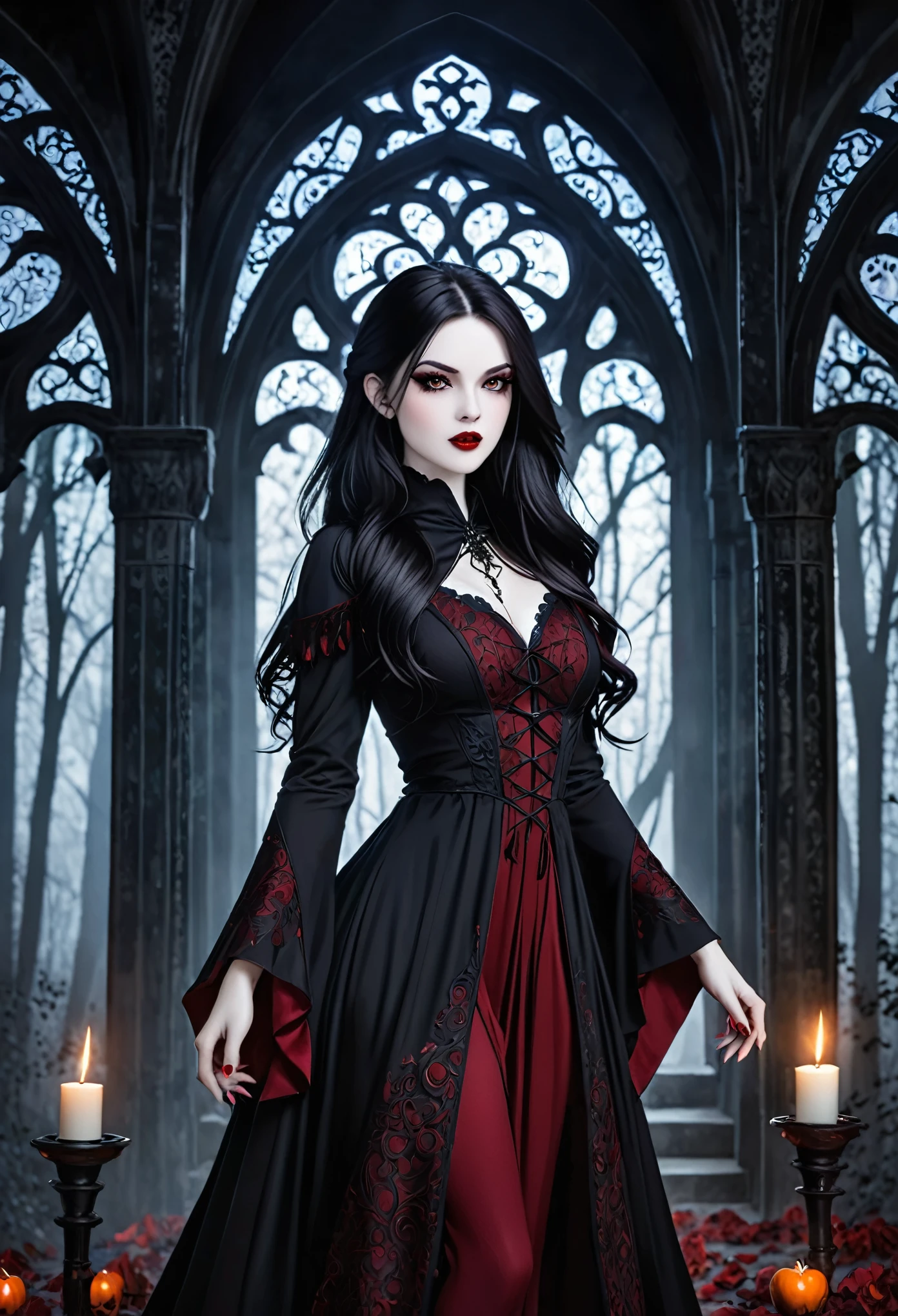 Create an image of a sensual female vampire mage. She should have pale skin, long dark hair, and piercing, captivating eyes. Dress her in an elegant, gothic robe with intricate designs. Place her in a dark, mystical setting, such as a moonlit forest or ancient castle. She should be casting a spell, with a magical aura surrounding her.