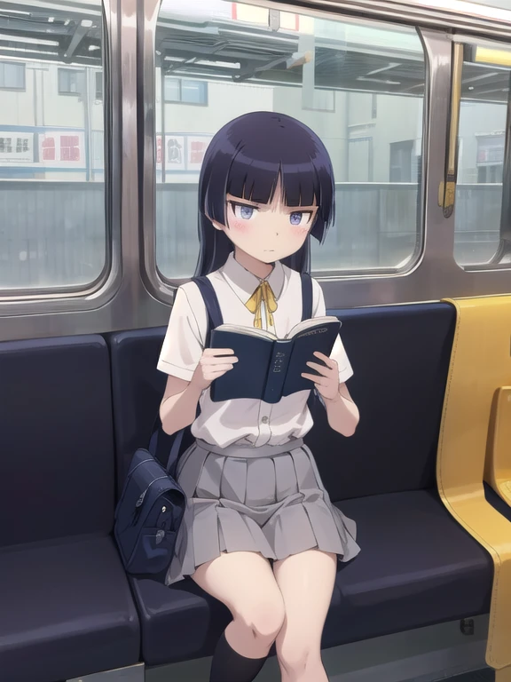 highest quality, Very detailed,
Inside the train、station、stand by、Commuting、Sit down and read a book, Read a paperback book、Small school bag, Neat and clean appearance,
(gokou ruri), One girl, Black socks, Short sleeve, Grey Skirt, (Medium skirt), Box Pleat Skirt, Hime cut, tuck in, White collared shirt, Yellow ribbon, blue eyes, plain attire
