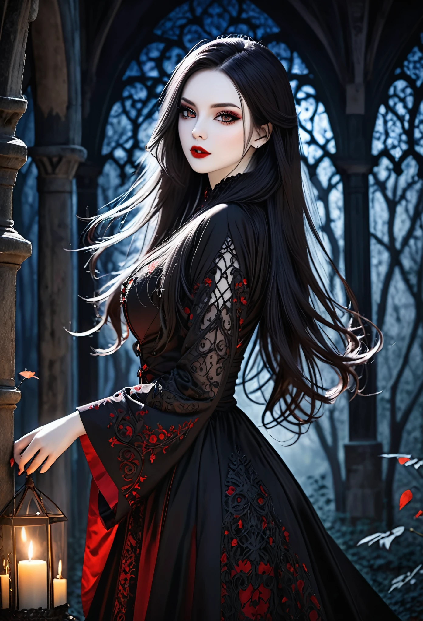 Create an image of a sensual female vampire mage. She should have pale skin, long dark hair, and piercing, captivating eyes. Dress her in an elegant, gothic robe with intricate designs. Place her in a dark, mystical setting, such as a moonlit forest or ancient castle. She should be casting a spell, with a magical aura surrounding her.
