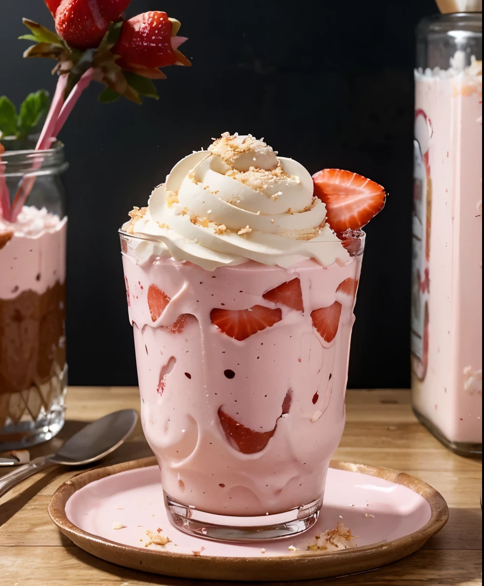 ealistic a dessert that is made of banna strawberry and cream itwill stay log in the fridge so that it will turn to a glass, its collor is light pink and decorated with strawberries and coconut shavings , it is served as ice cream, mousse