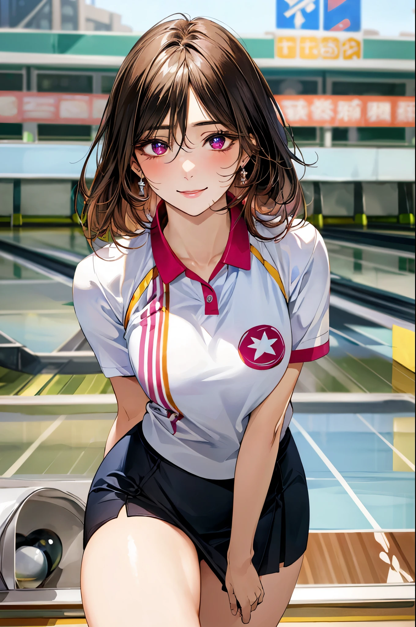 (masterpiece:1.2, top-quality), (realistic, photorealistic:1.4), beautiful illustration, natural lighting, perfect lighting, bright color, depth of fields,
beautiful detailed hair, beautiful detailed face, beautiful detailed eyes, beautiful clavicle, beautiful body, beautiful chest, beautiful thigh, beautiful legs, beautiful fingers,
looking at viewer, 1 girl, japanese, professional bowler, perfect face, cute and symmetrical face, white skin, shiny skin, shiny hair, cute face, delicate beautiful face,
(long hair:1.5, long bob cut,, blonde hair:0.8), messy hair, hair between eyes, magenta eyes, cute eyes, sparkling eyes, big eyes, long eye lasher,
(large breasts, seductive thighs), medium hips, glamorous body, (cute pink bowling uniform:1.5, mini skirt),
(beautiful scenery), (audience, bowling bowl, lane), (flashy victory pose!!!), (lovely smile, upper eyes),