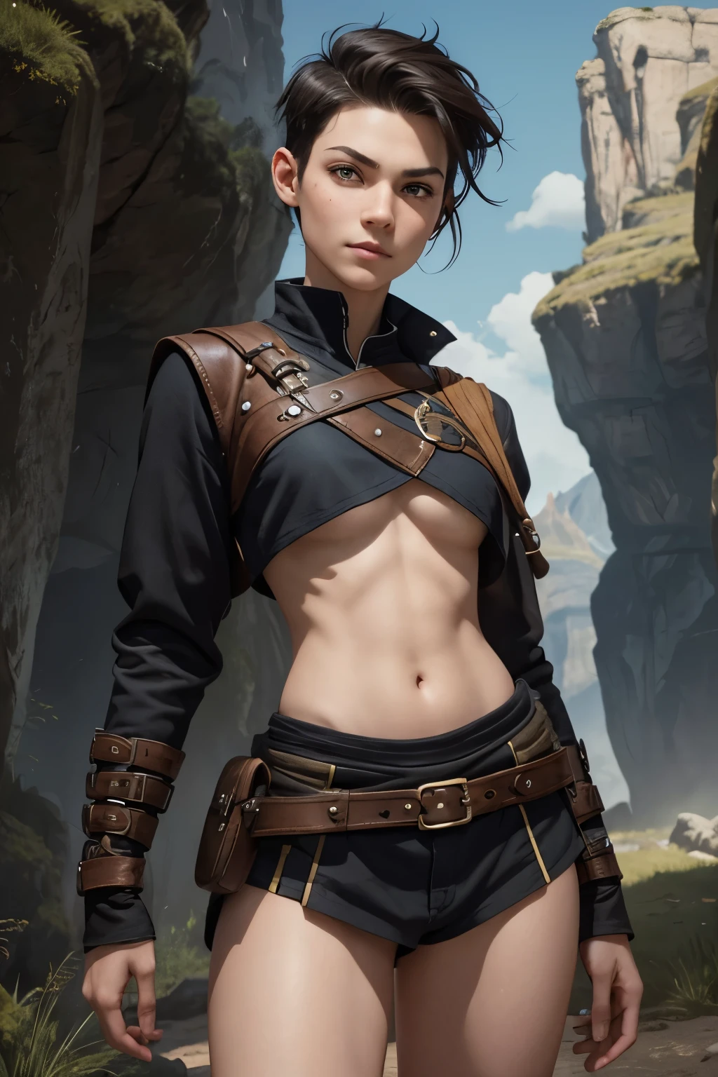 A happy young woman with an undercut in a fantasy setting. An adventurer and a ranger. Very androgynous looking. In a good mood. Sympathic. Tomboyish. Androgynous. Slim body. Very . Very small breasts. Wide hips. Thick legs. Face: Extremly pale skin with liverspots and freckles. Soft narrow face with a round chin. Soft small jaw. Big forehead. Very thin barely visible eyebrows. Upturned big dark-brown eyes. Dark-brown eyecolour. Very long and wide nose. Big curved lips. Very short dark-brown hair. A boyish short haircut. Undercut. Sides shaved. A tight black fantasy outfit of a lonley adventurer and ranger. Background: green meadow and a blue sky. 