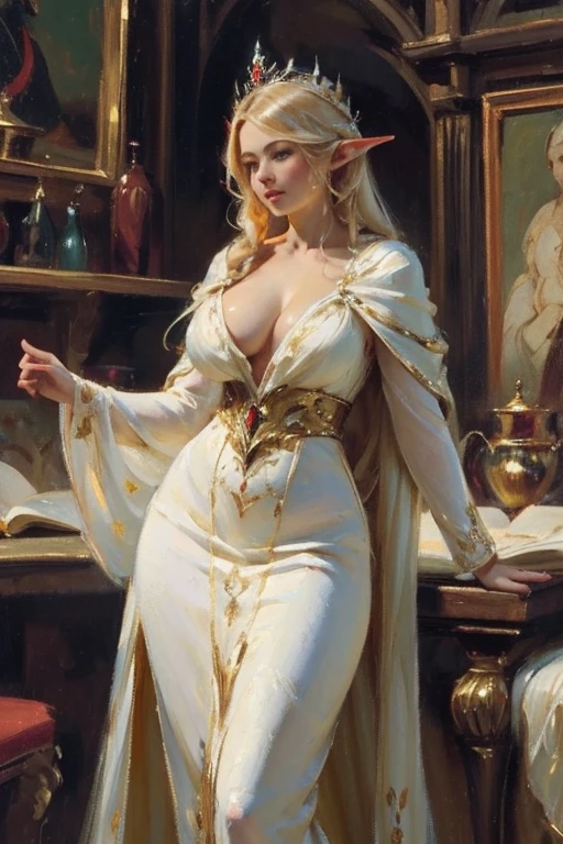 (Masterpiece), (detailed), (high quality), medieval painting of a tall elven princess in a white dress with long curly blonde hair, she is curvy