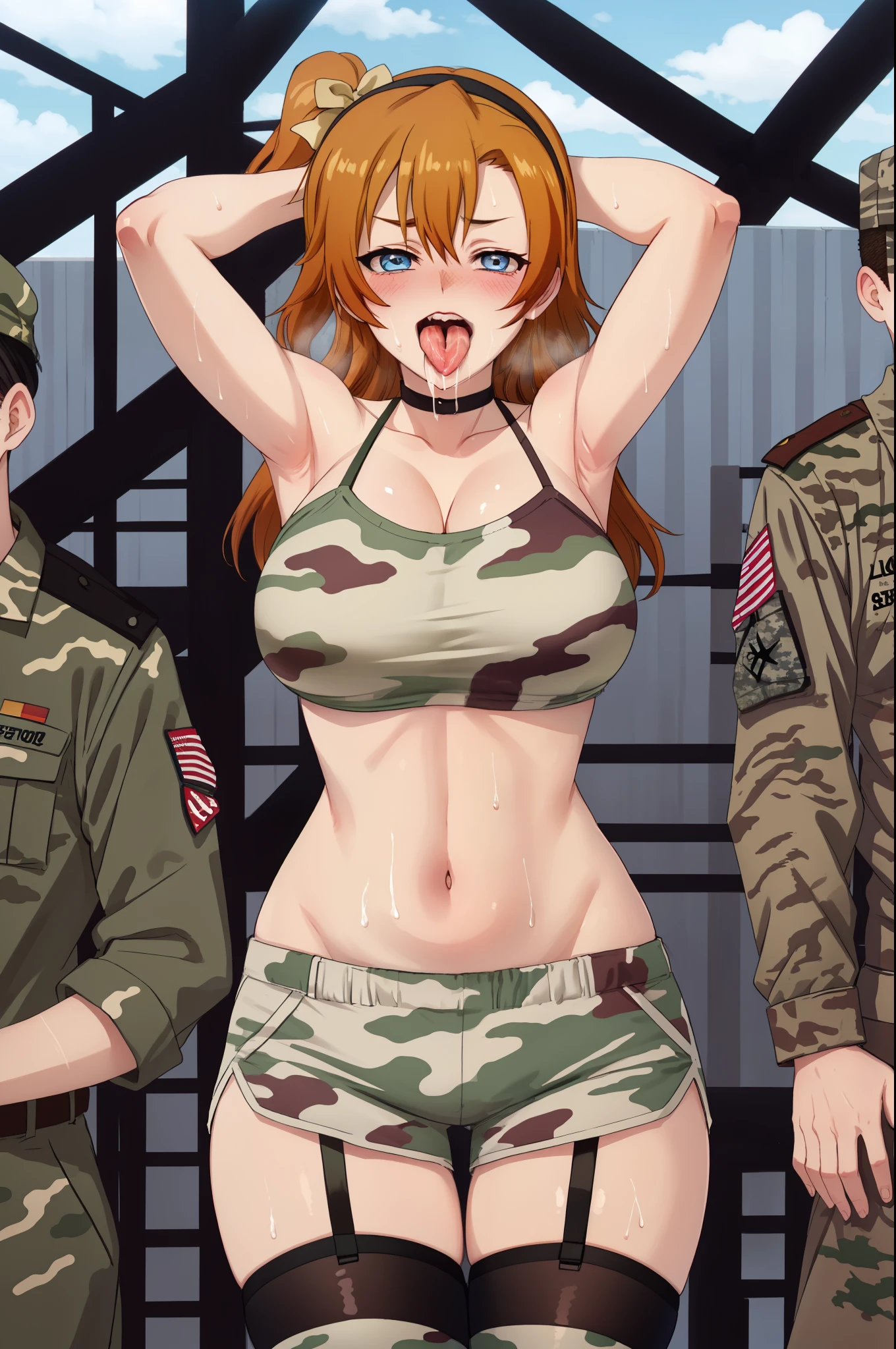 Solo,Kousaka honoka, blue eyes, cowboy shot, white head band, strapless crop top, Camouflage paint,army shorts, Camouflage print thighhighs, thighs strap,big breasts,thicc , curvy body,sweaty, (arms straight up:1.2), tongue out, saliva