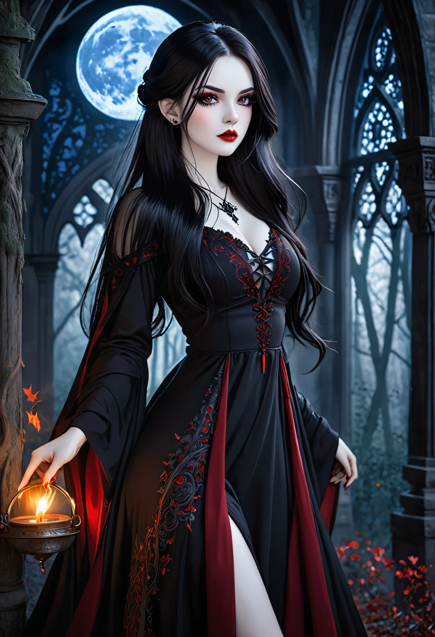 Create an image of a sensual female vampire mage. She should have pale skin, long dark hair, and piercing, captivating eyes. Dress her in an elegant, gothic robe with intricate designs. Place her in a dark, mystical setting, such as a moonlit forest or ancient castle. She should be casting a spell, with a magical aura surrounding her.
