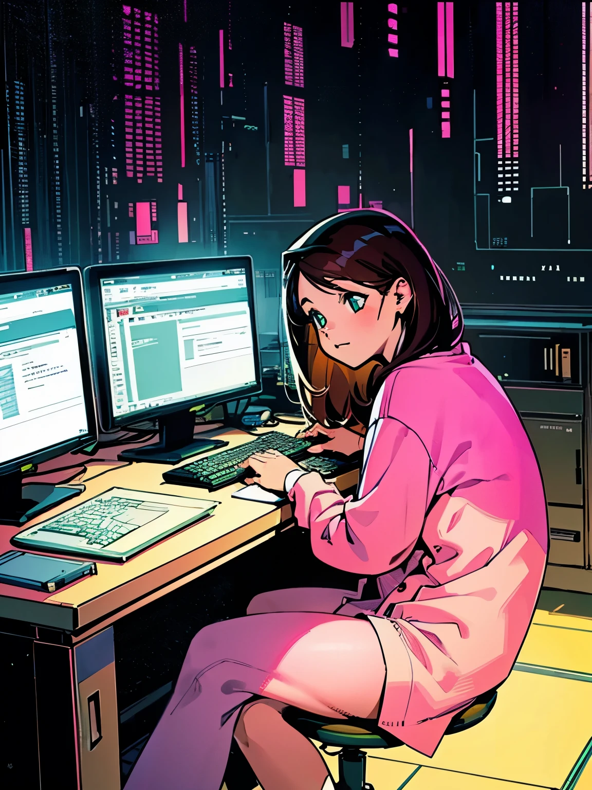 A girl who's a geneticist is sitting on her desk, using her computer to learning about data structures in programming (use light green and light pink). She has brown hair and there's a book about data structures in java on her desk)