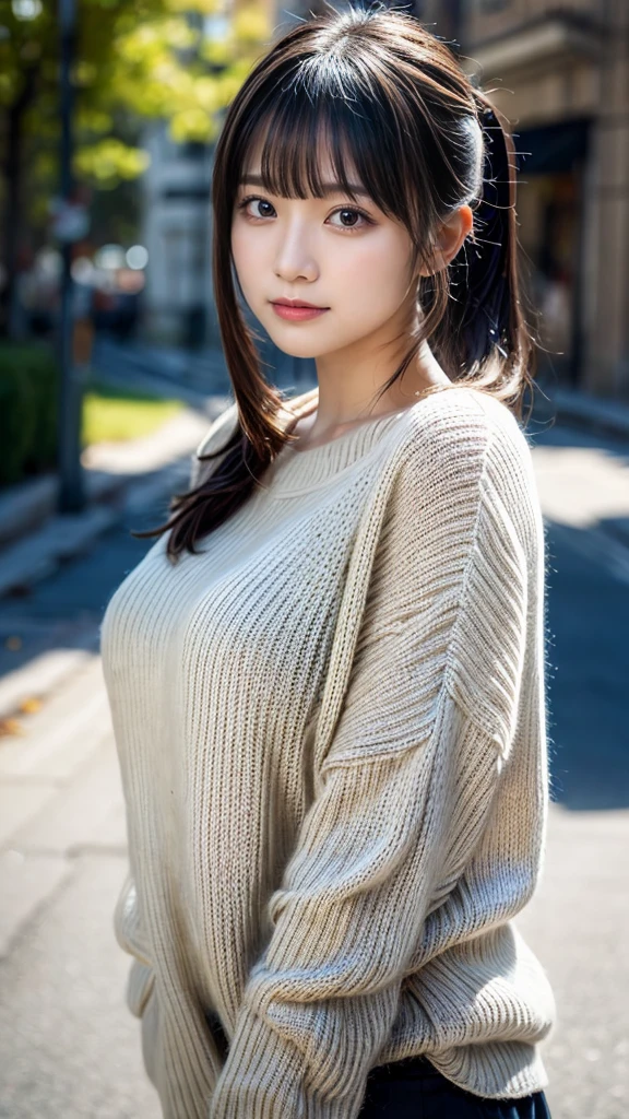 masterpiece, Best Quality, 8K, 20 yo, huge breasts, cuddly, Solo, sad, Cute, Girly, Delicate girl, Neat and clean beauty, Raw photo, Professional Photography, Portrait, Soft light, Professional Lighting, Back lighting, Upper body, from front, Sophisticated, Film grain, (Eyes and faces with detailed:1.0), short length floating hair, beautiful flowing hair, bangs, ponytail, knit sweater