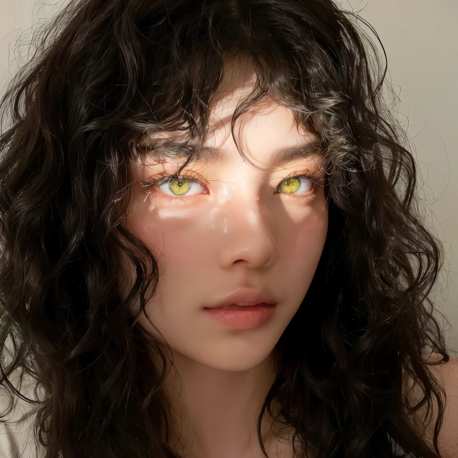 there is a woman with long hair and a white shirt, lorde, curly bangs, with haunted eyes and curly hair, with glowing yellow eyes, glowing yellow eyes, light glowy yellow eyes, brightly glowing eyes, perfectly lit face, with stunning green eyes, glowing green eyes, piercing glowing eyes, bright multiple glowing eyes, magical glowing eyes, sexy girl with green eyes , blackpink jennie , blackpink Lisa , asian famale face , Korean famale face , cute girl