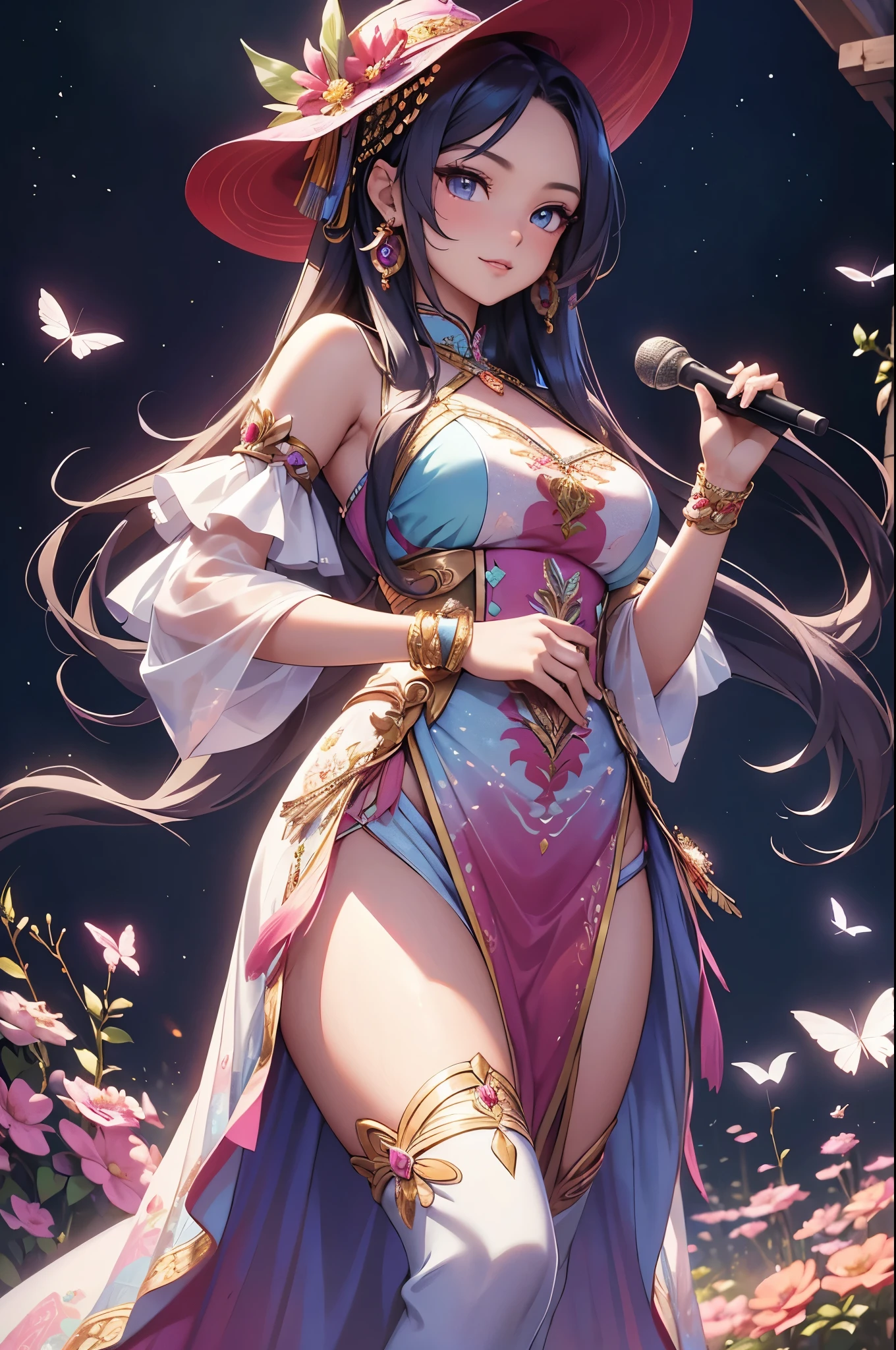 (best quality,4k,8k,highres,masterpiece:1.2),ultra-detailed,(realistic,photorealistic,photo-realistic:1.37),acrylic painting,beautiful Indonesian model in a ta dress with downy hair,beautiful Indonesian model with extremely colorful hair and detailed facial features,beautiful Indonesian model standing in a beautiful garden surrounded by a starry sky,beautiful Indonesian model wearing a vibrant Loliress,beautiful Indonesian model with intricate accessories and a matching hat,beautiful Indonesian model posing gracefully with her hands on her hips,beautiful Indonesian model with long flowing twintails,beautiful Indonesian model with bright blue eyes and rosy lips,beautiful Indonesian model with a joyful expression,beautiful Indonesian model in a dynamic pose with cherry blossoms falling around her,beautiful Indonesian model surrounded by colorful flowers and butterflies,beautiful Indonesian model's dress adorned with cute bows and lace details,beautiful Indonesian model with an enchanting smile,beautiful Indonesian model with soft, pastel-colored shading,beautiful Indonesian model with a magical glow illuminating her,beautiful Indonesian model in a picturesque setting with a winding path leading to a magnificent castle,beautiful Indonesian model holding a microphone and singing passionately,beautiful Indonesian model with a fairytale-like background,beautiful Indonesian model with a soft, dreamy atmosphere,beautiful Indonesian model with a subtle bokeh effect,beautiful Indonesian model standing under a moonlit sky,beautiful Indonesian model with a warm, golden sunset in the background,beautiful Indonesian model surrounded by twinkling stars and colorful nebulae,creating an ethereal and captivating artistic masterpiece. 