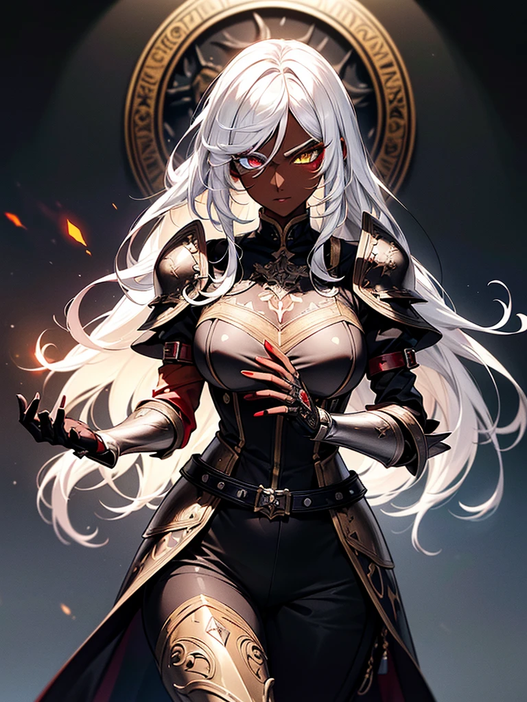 (masterpiece, best quality), (Official art, masterpiece, 8k, ultra-detailed), ultra-detailed, photo of a beautiful 32 year old woman, ((dark skin)), white hair, wearing round glasses on her face, eyes red and yellow, wearing a tight black jumpsuit, with light armor, large, ultra-detailed breasts, (ultra-detailed face), (1 dark-skinned woman), long white hair, ((((Heterochromia in eyes, ultra-detailed red and yellow eyes)))), (very detailed eyes: 1,2), (((detailed red and yellow eyes))), heterochromia of red and yellow eyes very well presented, (wearing round glasses on the face very detailed: 1,2), well designed glasses, ((gauntlets and high heel boots)), witch items, belts, (ideal body proportion), ((black jumpsuit with light armor)), ultra detailed character, wallpaper, pinterest, Fantasy Art, (Fantasy art), fantasy scene, (medieval magic village), wallpaper, pinterest, front photo, exterior, cinematic photo, natural light, beach photo, wallpaper, pinterest, badass image, perfect photo, volumetric lighting