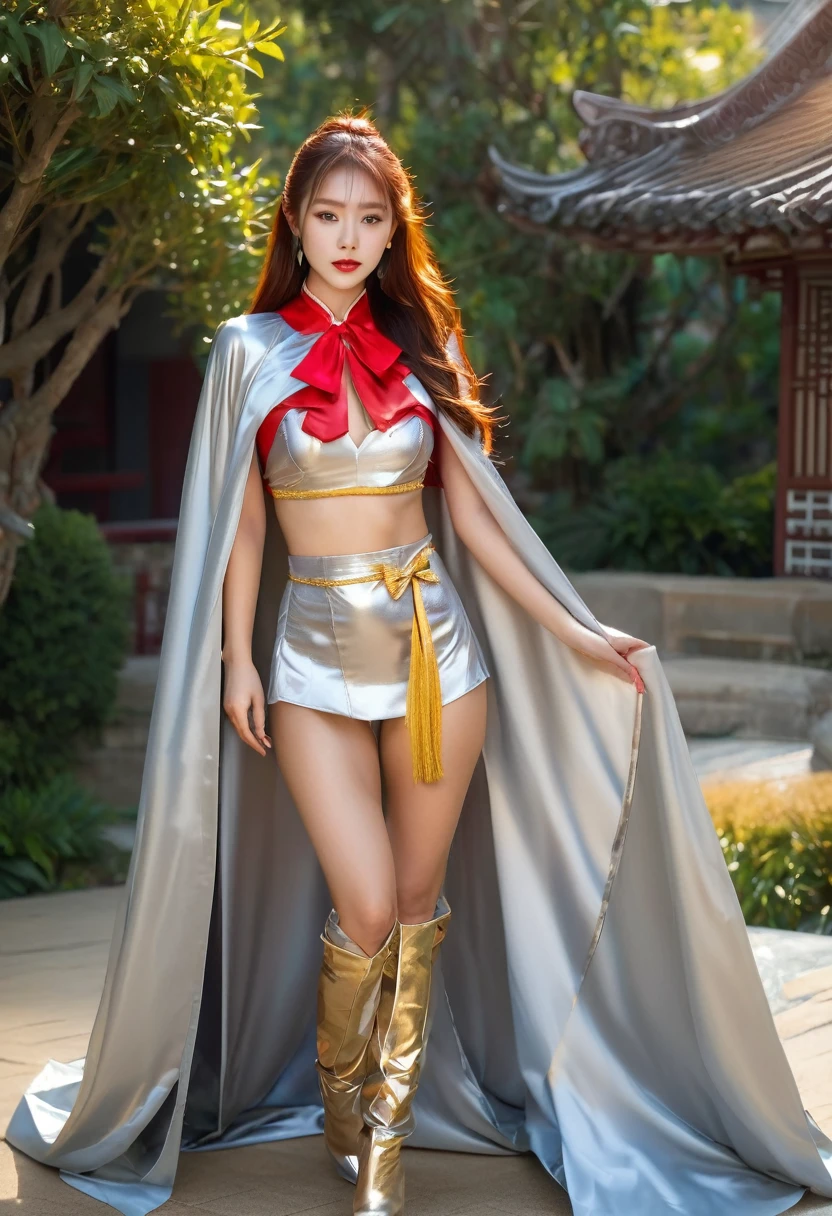 (RAW Photo) , (highly detailed:1.20) , (ultra realistic :1.10) ,sexy chinese girl in her 20s ,
(perfect face:1.20) , (detailed red eyes :1.20) , with long auburn hair in a high ponytail ,
(long silver and gold lined cape tied at the neck with a ribbon :1.20) , full body, high-quality
ultra realistic style, warm tones, soft lighting, detailed eyes, professional, expressive , 8K ,
highly detailed , professional,