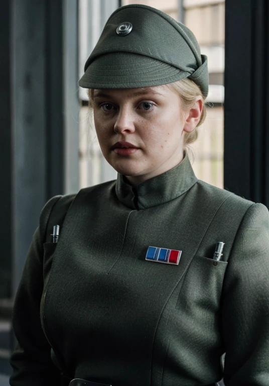 fashion photography of Fat Chubby Nicola Coughlan in olive gray imperialofficer uniform and hat, blonde hair in bun, (underboob:1.1), subsurface scattering, sharp focus (Flickering light:1.1), dlsr, ultra sharp, professional Photographer, subsurface scattering, film grain, very detailed skin texture, nsfw 