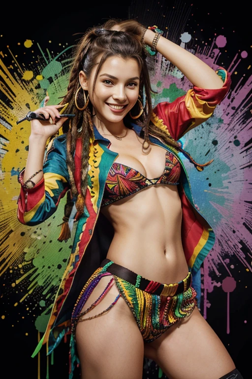 vector art,stained art(1rasta girl with COLORFUL clothes)mafia 4K IMAGE LEONADO STYLE VICCE JULIA ROBERT smiling BEAUTIFUL SEXY
