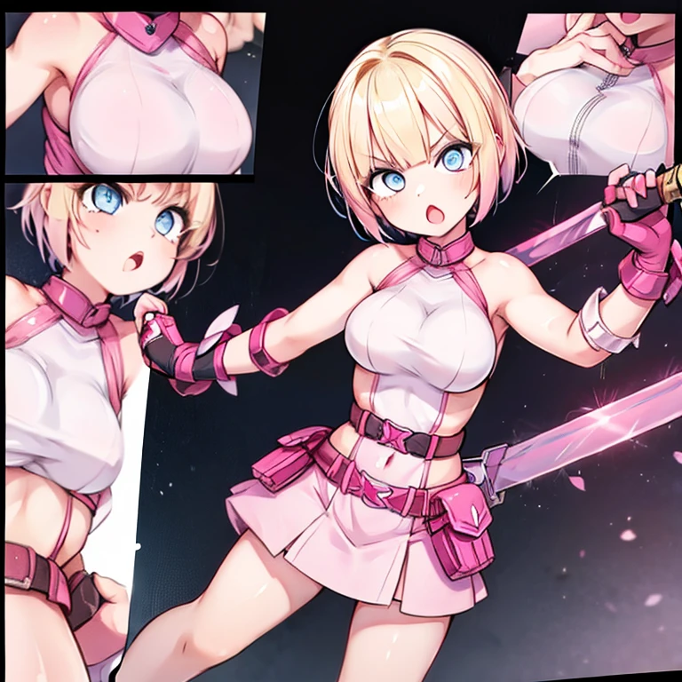 gwenpool, 1girl, weapon, blonde hair, multicolored hair, solo, blue eyes, sword, pouch, superhero, short hair, gradient hair, open mouth, belt, two-tone hair, pink hair, breasts, gloves, belt pouch