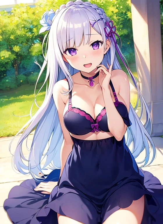 Emilia re:zero, purple eyes, Emilia, crown braid, x hair ornament, flower hair ornament, white hair, long hair, medium breasts, anime girl with long hair and purple eyes in a bra top, seductive anime girl, pretty anime girl, beautiful anime girl, cute anime girl, attractive anime girl, ahegao, cute anime waifu in a nice dress, (anime girl),  in dress, anime girl, smooth anime cg art, beautiful anime woman, soft anime illustration, beautiful alluring anime woman