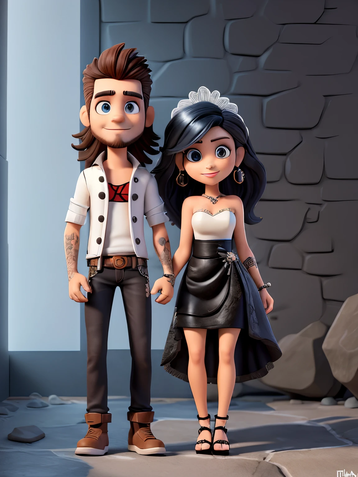 Rocker couple in an open environment with rock decor. O homem tem cabelo preto curto e barba curta e completa, a mulher tem o cabelo preto coml mechas castanho na ponta. The woman is dressed as a bride, mas com um estilo bem moderno de vestido . Alta qualidade