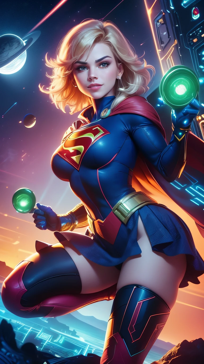 (Neon lights),circuit boards, ((whole body view)), (SUPERGIRL is in outer space), (Lifting a large asteroid with your hands), (Complete DC Comics Superheroine), fora, highlights your muscles and scars. The scenery is lush and mysterious, com galaxias ao seu redor. The camera details everything. ((ela tem cabelo loiro, ela tem cabelo comprido)), (Ela tem um sorriso confiante, Pose heroica), ( His attitude is fearless), ( Ela tem uma personalidade arrogante).