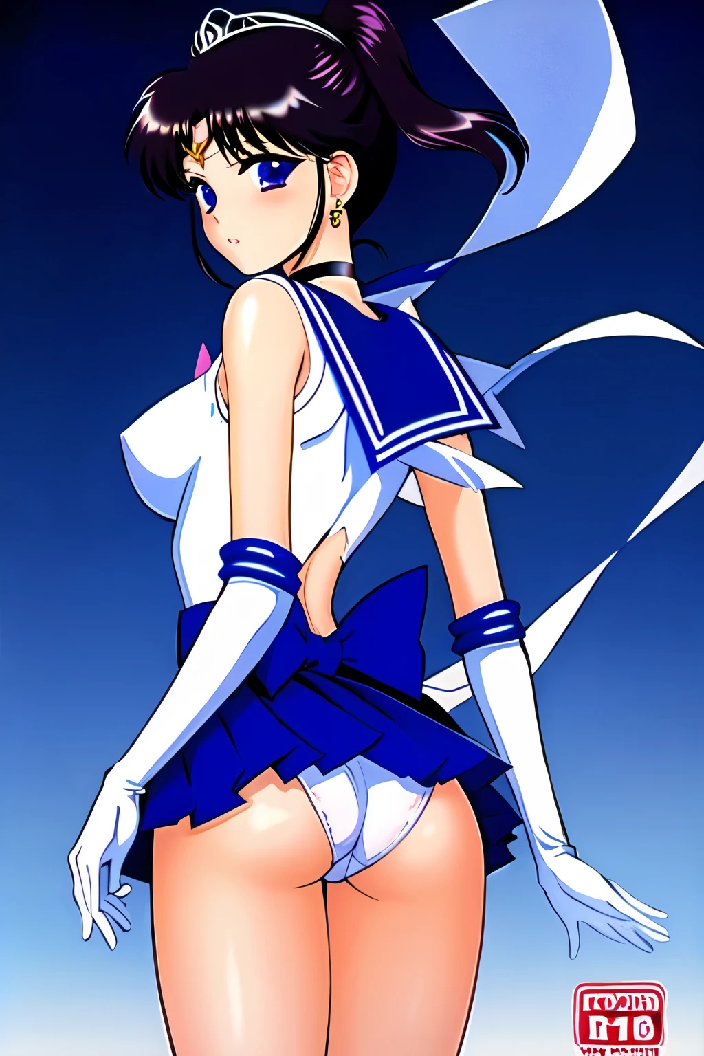 1girl,ass,back bow,black hair,blue sailor collar,bow,brown bow,choker,circlet,content rating,cover,cover page,doujin cover,earrings,elbow gloves,gloves,jewelry,magical girl,mizuno ami,purple sailor collar,sailor collar,sailor mars,sailor mercury,sailor saturn,sailor senshi uniform,short hair,skirt,solo,star choker,tiara,tomoe hotaru,torn clothes,white gloves