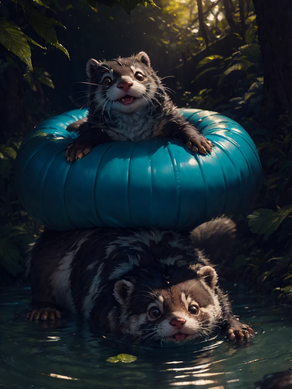 plano medio:1.5,anime:1.4, (best quality,HD 8k,highres,masterpiece:1.2),hyper-detailed (hyper-detailed fur, hyper-detailed eyes, hyper-detailed whiskers),adorable otter floating on the water, eating, picturesque scenery, crystal clear reflections, vibrant colors, studio lighting, water ripples, realistic texture, professional, enchanting atmosphere