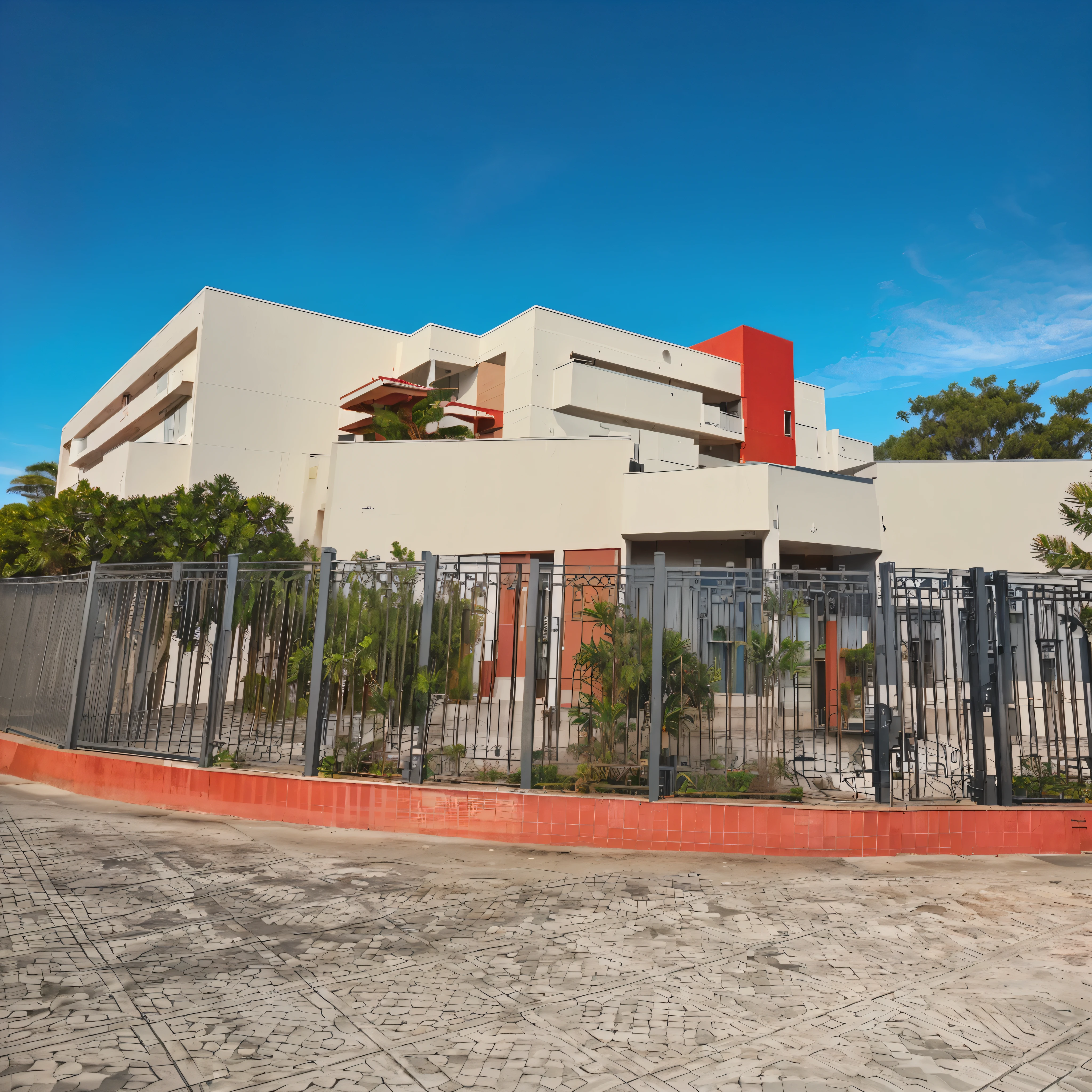 there is a large building with a red fence and a red fire hydrant, by Felipe Seade, mid-view, exterior view, freddy mamani silvestre facade, by Rodolfo Amoedo, view from the street, clean image, outside view, private academy entrance, 2045, beautiful image, seen from outside, by Herbert MacNair