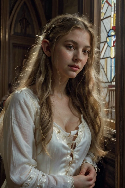 (Masterpiece), (detailed), (high quality), medieval painting of a tall elven princess in a white dress with long curly blonde hair, she is curvy, cute elven ears, beautiful princess, beautiful slavic nose, light brown eyes, cute appearance
