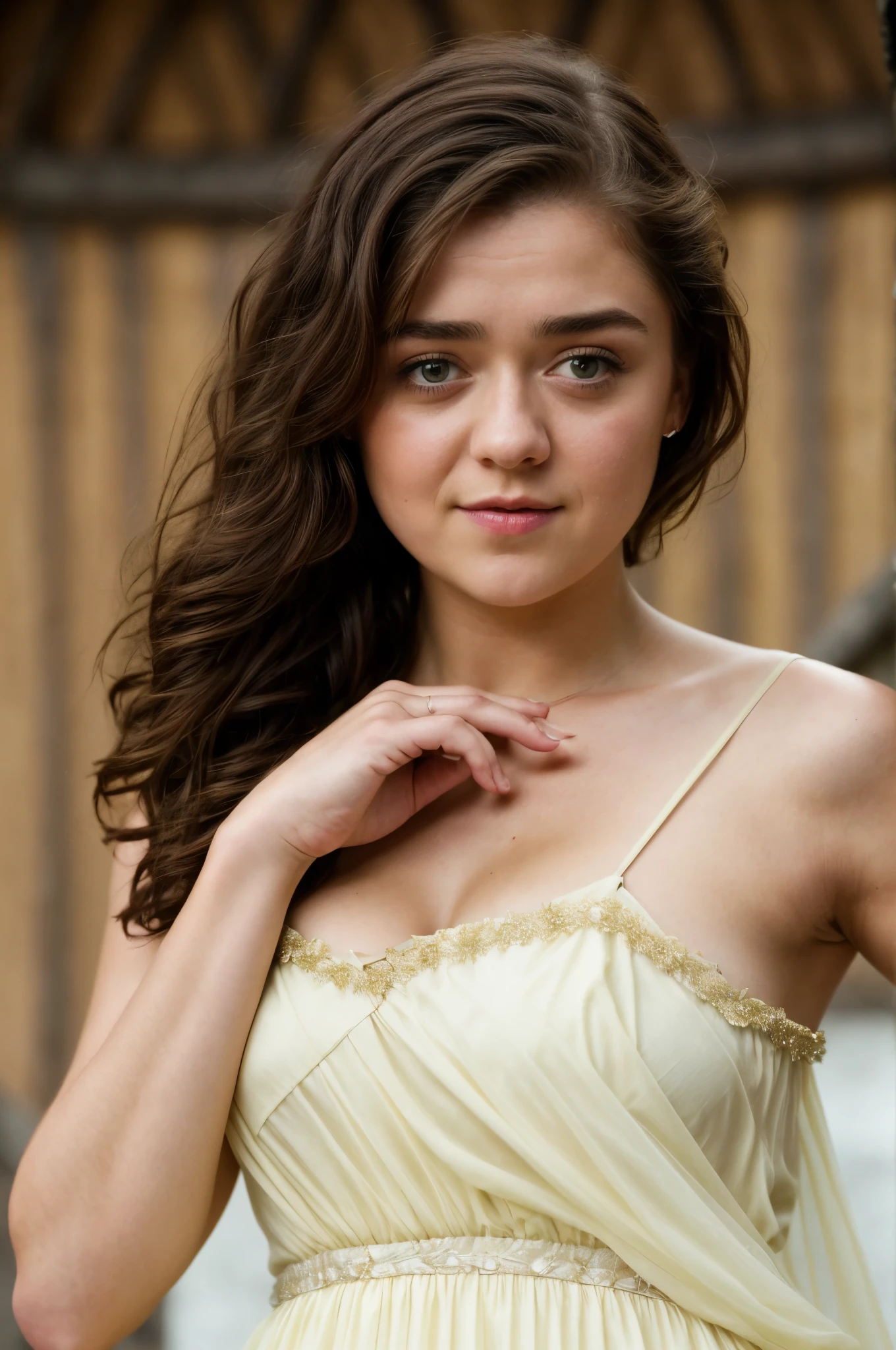 Foto RAW, Arya Stark, Stunning Beauty, Ravishing, Enchantress, Extremely gorgeous lady, Arya Stark PLAYED BY MAISIE WILLIAMS, Queen Arya Stark, she  a mature woman now, milf, sexy mediaeval battle dress, gladiator woman, body, 40 years old Woman, Roman slave dress, cotton dress, busty mediaeval costumes, body revealing costumes, perky breast, big natural breast, erotic costumes, lusty physique, seductive figure can capture every people's attention, Game of thrones costumes, revealing captivating figure, Mediaeval costumes, revealing clothes, A tomboy, she would rather fence than dance, warrior queen , game of thrones screen caps, Game of Thrones Series, (pele altamente detalhada: 1.2), 8k UHD, DSLR, soft-lighting, alta qualidade, grain of film, Fujifilm XT3, flawless picture, highly detailed, detailed Beauty, intricate, 32k, sharp picture,