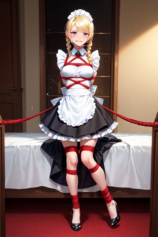 Shiny blond hair, very long hair, sophisticated haircut, ((((hair fully braided)))), ((small twisted braids)), thin and oval face, submissive, (((gagged))), ((((very cute maid girl)))), ((((very cute black maid dress)))), ((((cute waitress serving a blond man)))), cute and blushing 18 years old anime girl, look away because she is embarrassed and blushes, bright blue eyes, detailed face, detailed members, detailed arms, detailed hands, ((((sparkling diamond jewelry)))), tiara, ((makeup)), high heels, puffy sleeves, long gloves, long eyelashes, maid costume, maid dress, maid girl, Girl lying, tied by ropes, shackled, can no longer move, tied tightly, very hard tied up with lots of ropes, hampered by so many ropes that she can no longer move, bound hands and feet, ropes tie his whole body, tied extremely tightly and forcefully to her bed by a lot of ropes, its limbs are strongly tied together by ropes, his torso is tied up with thick cords, her chest is so tied up with ropes that it sticks out, her legs are tied tightly with thick ropes, his hands are tied behind his back with ropes, she can no longer move her feet, her hands which are tied by thick ropes, she desperately tries to free herself, likes to be tied tight with big ropes, likes to be immobilized by big ropes, lying down, his hands and feet are strongly tied to the railing of his bed, his legs are pressed together and tied with ropes, its limbs are held vigorously by imposing ropes, her hands are tied securely behind her back by ropes, her chest is compressed by strong ropes, she is pressed against her bed and restrained by large ropes (shibari, arms behind the back:1.4), (hands on the back), (masterpiece, best quality) 1.5, 1girl, solo, (sexy, beautiful woman, perfect face, perfect eyes, perfect hands), samus aran, (shibari, arms behind the back:1.4), (hands on the back), Spread the legs, s&#39; ((lie in bed by big ropes)), ((close up of the girl)), ((((lie in bed))))