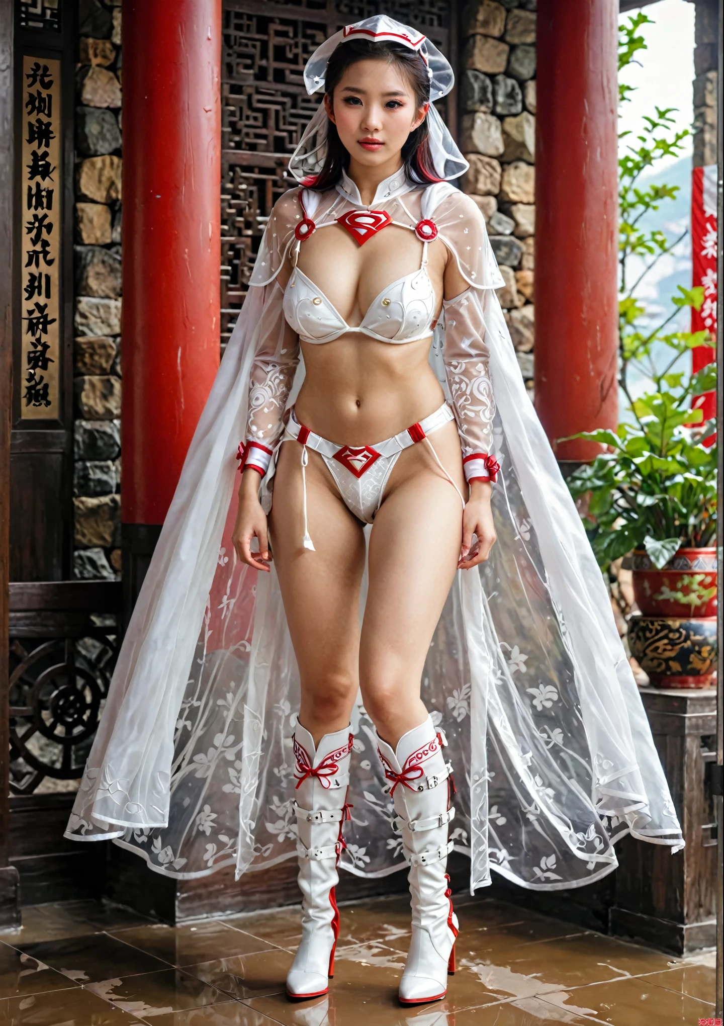 Superwoman, Heroine, supergirl,  Girls with short hair, short hair, shy, Embarrassed look,  put on red hat, Wearing sexy red white bikini armor, Large shoulder blade, see-through clothing，see through underwear，high cut underwear, Extra long floor-length cape,  Long-legged girl, Put on white boots, ,full body xianxia,  Super huge breasts, Girl, 穿着fantasy服装, Real 8000g，Impeccable，masterpiece，Professional artwork，masterpiece，Light，Bloom，Perfect face，Pretty Face，fantasy，Fantastic and magical，not real，Intricate details，beautiful pattern