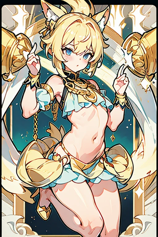 femboy outfit is made up of small gold chains on the front that are held around the shoulders and go down from the belly to the pelvic girdle, Where has a large Transparent thong on front down to the knee or smaller and is also wearing a transparent mouth vei