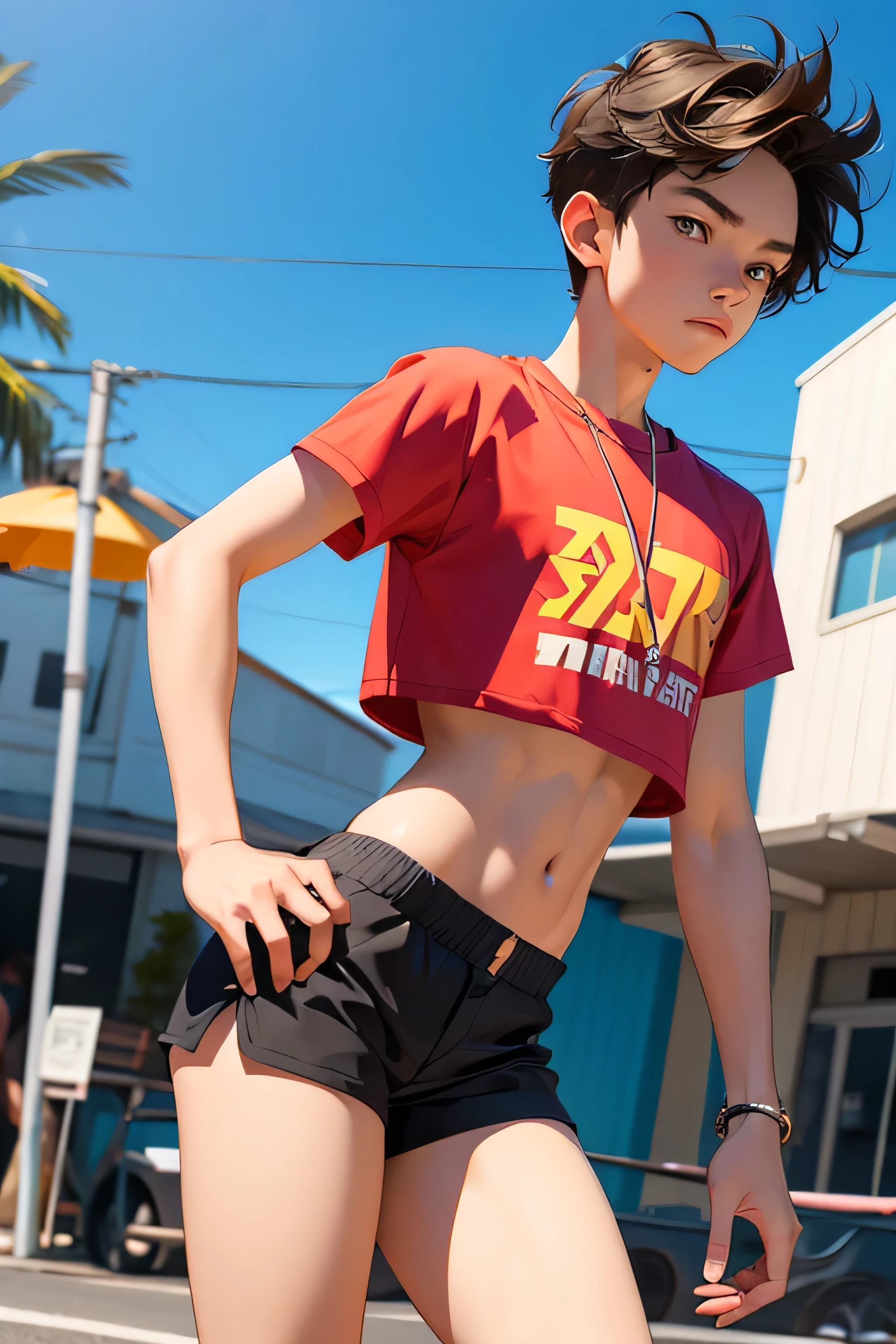 Teen boy 14 years old, boy wears a crop top and too very short shorts