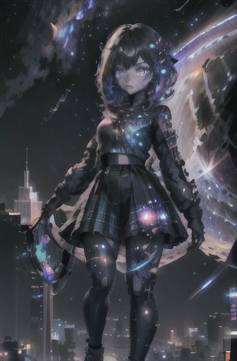 1 girl, solo, colorful, blue eyes, cyberpunk, cityscape, moon background, neon colors, half cyborg, galaxy themed, eyeliner, galaxy themed eye shadow, galaxy print fron top, long sleeves, black choker, galaxy themed hair bows, plaid galaxy print mini skirt, galaxy themed sneakers, white socks, smirking