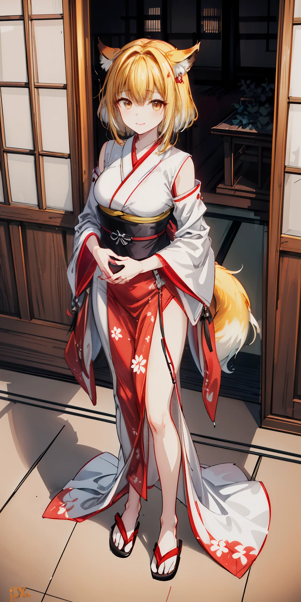 ((4k,masterpiece,best quality)) shuimobysim, traditional Japanese temple ink painting, lotus, hanfu, maxiskit, dress conservatively, 1sologirl, blonde hair, fox fluffy ears, white, fish, many fish near girl, full body look at viewer, lustful smile, red cheeks, hands clenching fists on hips waist