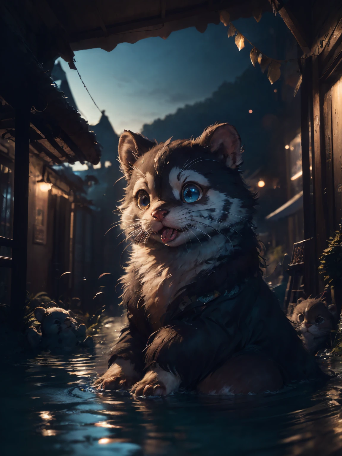 plano medio:1.5,anime:1.4, (best quality,HD 8k,highres,masterpiece:1.2),hyper-detailed (hyper-detailed fur, hyper-detailed eyes, hyper-detailed whiskers),adorable otter floating on the water, eating, picturesque scenery, crystal clear reflections, vibrant colors, studio lighting, water ripples, realistic texture, professional, enchanting atmosphere